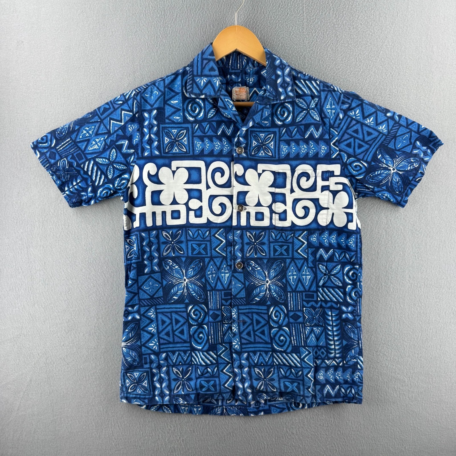 Vintage 60s Hawaiian Shirt Mens Small Blue Aloha Tiki Cotton Ui Maikai